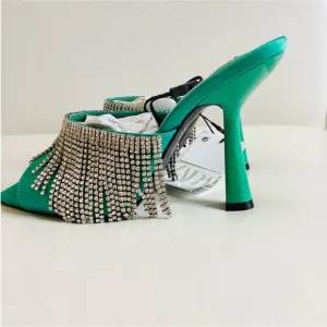 Zara Green Crystals Embellishing Heel Slip On Sandals SZ US 7.5/38