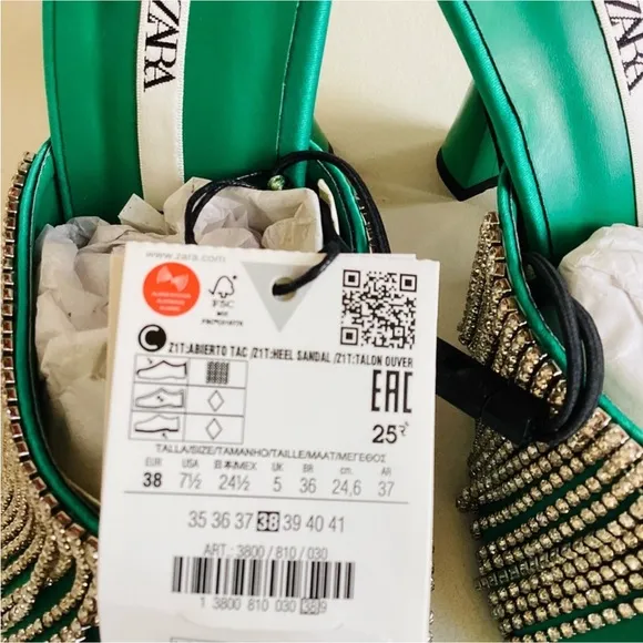 Zara Green Crystals Embellishing Heel Slip On Sandals SZ US 7.5/38