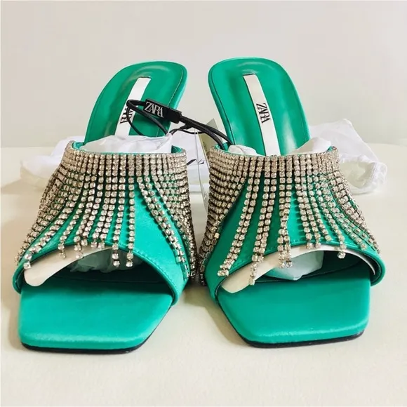 Zara Green Crystals Embellishing Heel Slip On Sandals SZ US 7.5/38