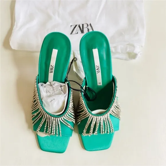 Zara Green Crystals Embellishing Heel Slip On Sandals SZ US 7.5/38