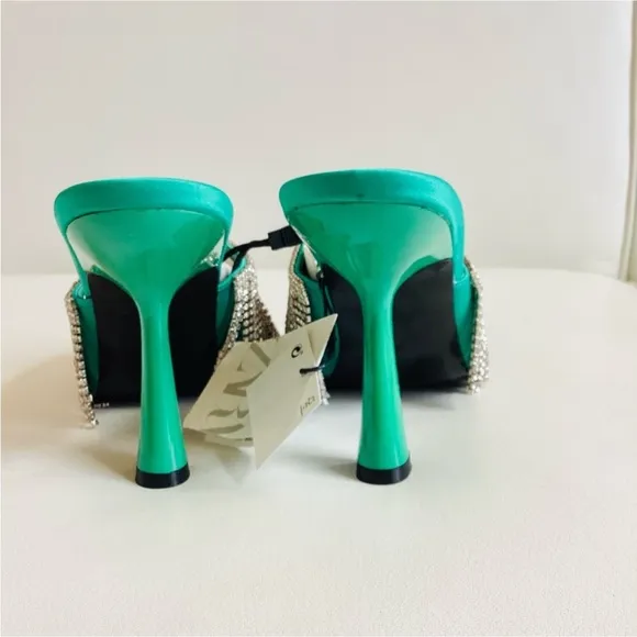 Zara Green Crystals Embellishing Heel Slip On Sandals SZ US 7.5/38