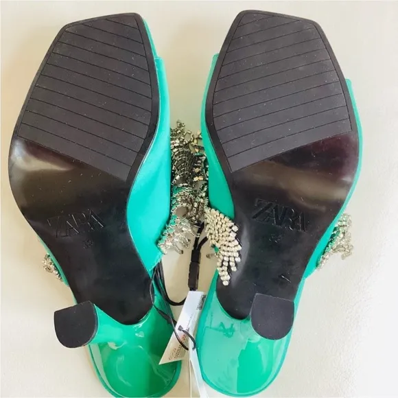 Zara Green Crystals Embellishing Heel Slip On Sandals SZ US 7.5/38