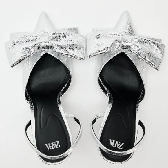 ZARA METALLIC BOW TRIM HEELED SHOES Size 37 ( 6.5 US )NEW WITH TAG!