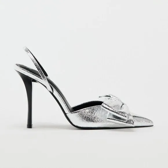 ZARA METALLIC BOW TRIM HEELED SHOES Size 37 ( 6.5 US )NEW WITH TAG!