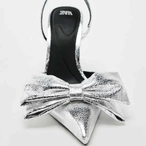 ZARA METALLIC BOW TRIM HEELED SHOES Size 37 ( 6.5 US )NEW WITH TAG!