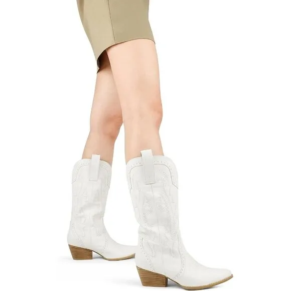 Zzheels  Cowboy Boots Women White Synthetic  Mid-calf Embroidered Western Boots