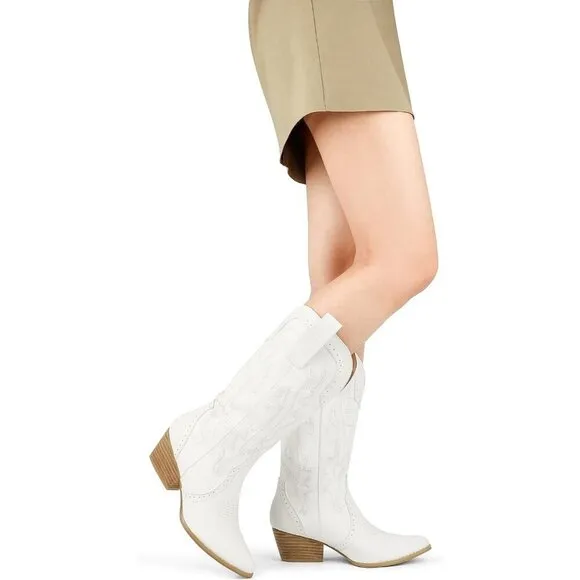Zzheels  Cowboy Boots Women White Synthetic  Mid-calf Embroidered Western Boots