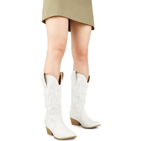 Zzheels  Cowboy Boots Women White Synthetic  Mid-calf Embroidered Western Boots