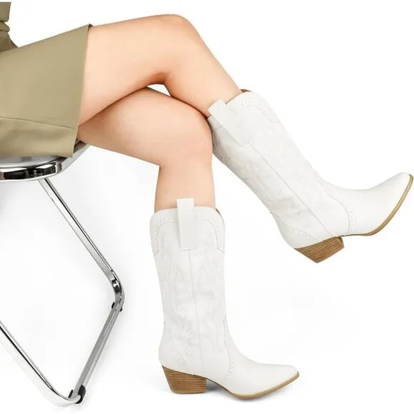Zzheels  Cowboy Boots Women White Synthetic  Mid-calf Embroidered Western Boots